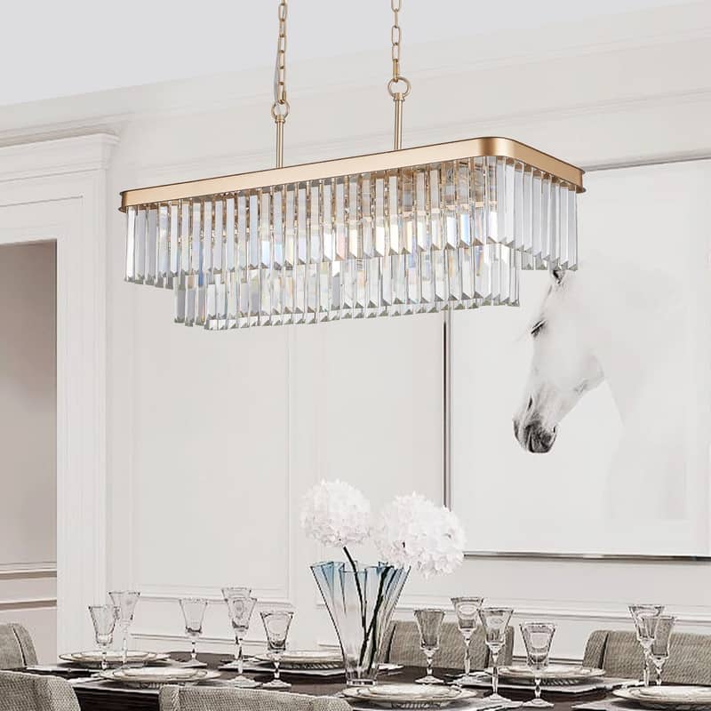 Adjustable Rectangular Crystal Chandelier - E12 Modern Industrial Farmhouse Ceiling Light with Iron Frame (Bulbs Not Included)