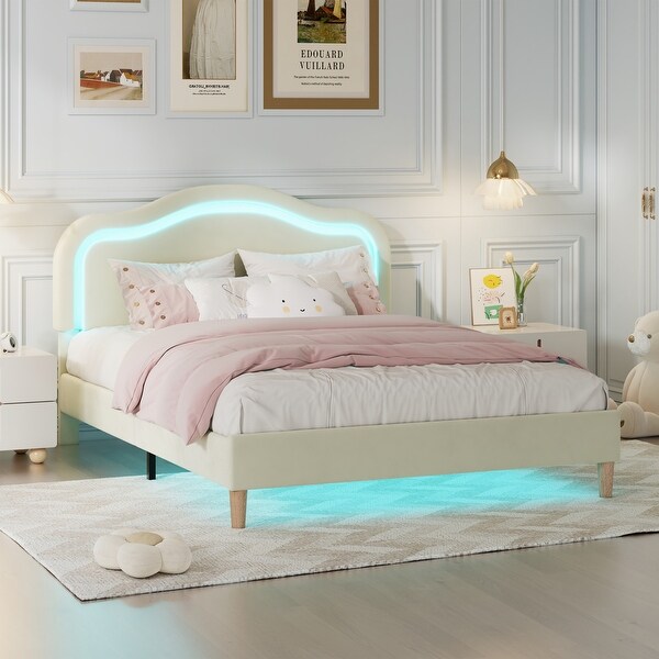 Twin Full Queen Size Smart LED Light Bed Frame with Adjustable Height Headboard Velvet Upholstered Platform Bed On Sale Bed Bath Beyond 41117702