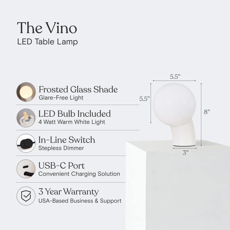 Vino LED 7.95 in Glossy Cream Midcentury Round Globe Dimmable Bedside Nightstand Desk Lamp with Fast Charging USB-C Port