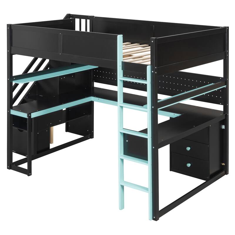 Gaming Loft Bed with Recessed Table Cabinet Pegboard Storage Stairs