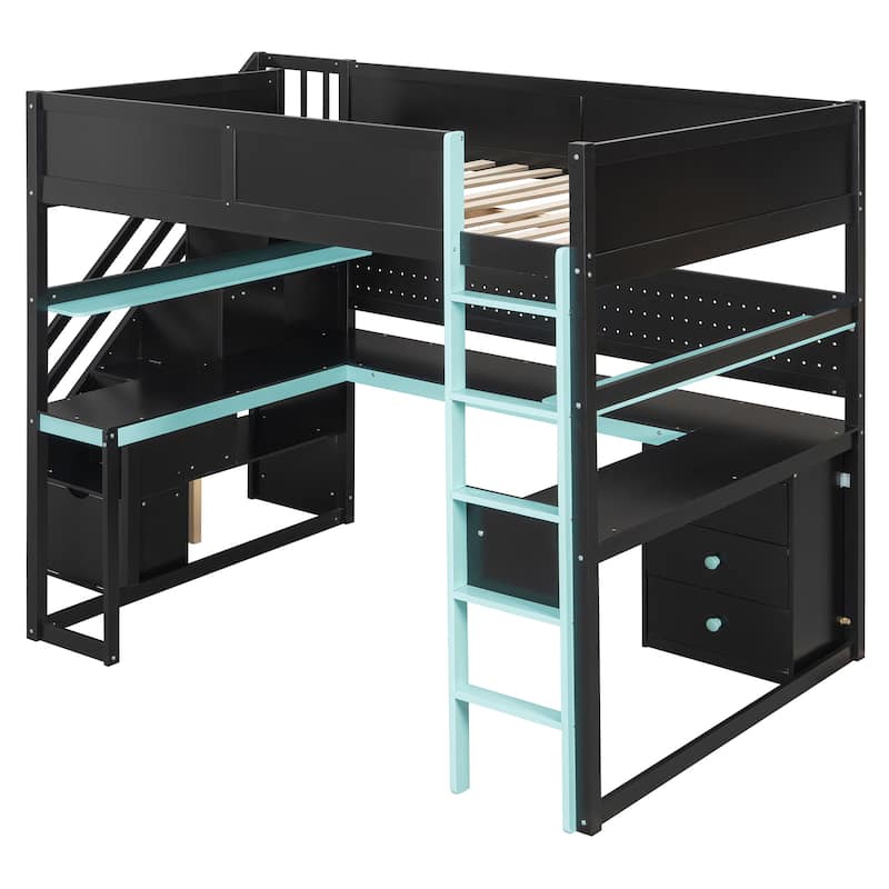 Gaming Loft Bed with Storage Stairs & Desk, Video Game Bed Wood Loft Bed Frame with Pegboard for Teens