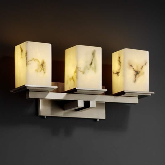 Justice Design LumenAria Montana 3-light Brushed Nickel Bath Bar, Faux Alabaster Square - Flat Rim Shade - Brushed Nickel