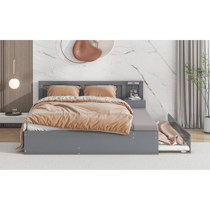 Full Size Wood Storage Hydraulic Platform Bed with Twin Size Trundle, Side Table and Lounge