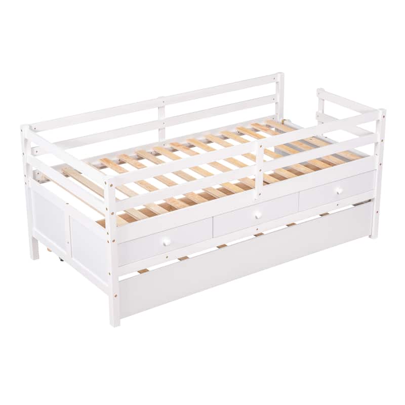 Solid Wood Low Bed with Full Safety Fence, Climbing ladder,Storage Drawers and Trundle