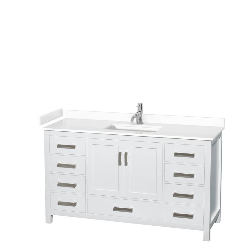 Sheffield Single Bathroom Vanity Set, Cultured Top, No Mirror - 60-Inch Single - White, White Cultured Marble Top, Chrome Trim