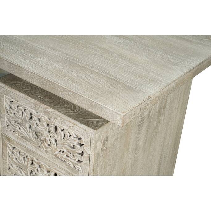 HomeRoots 54" White and Black Solid Wood and Metal Carved Floral Desk With Three Drawers