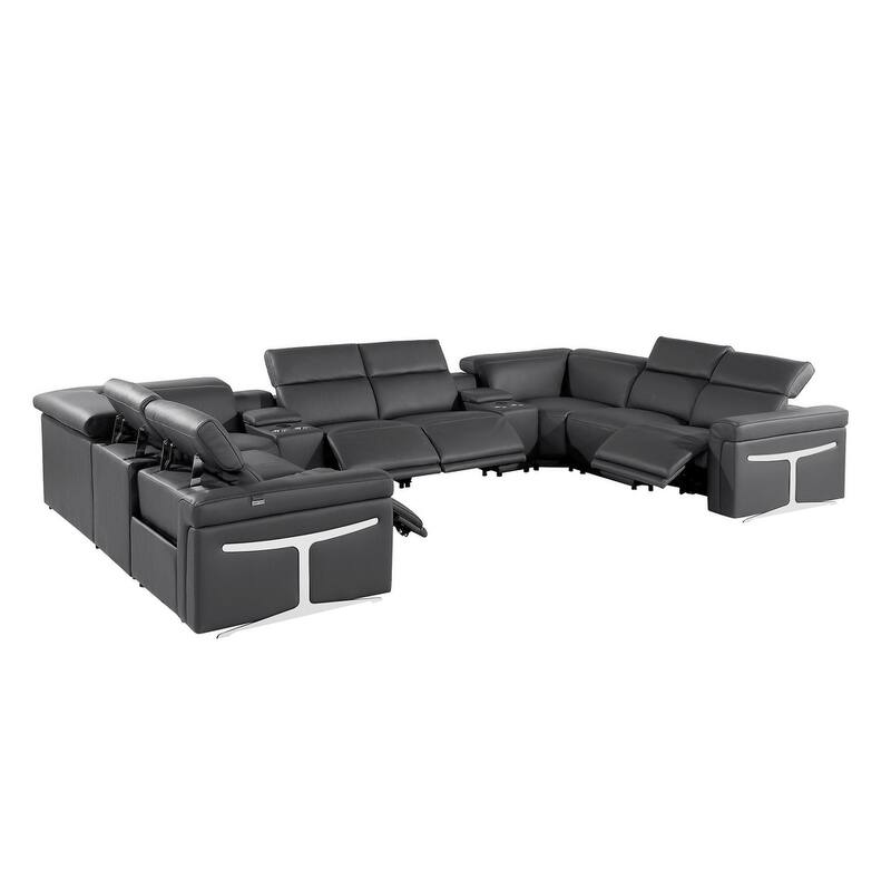 HomeRoots Dark Gray Italian Leather Power Reclining U Shaped Ten Piece Corner Sectional With Console