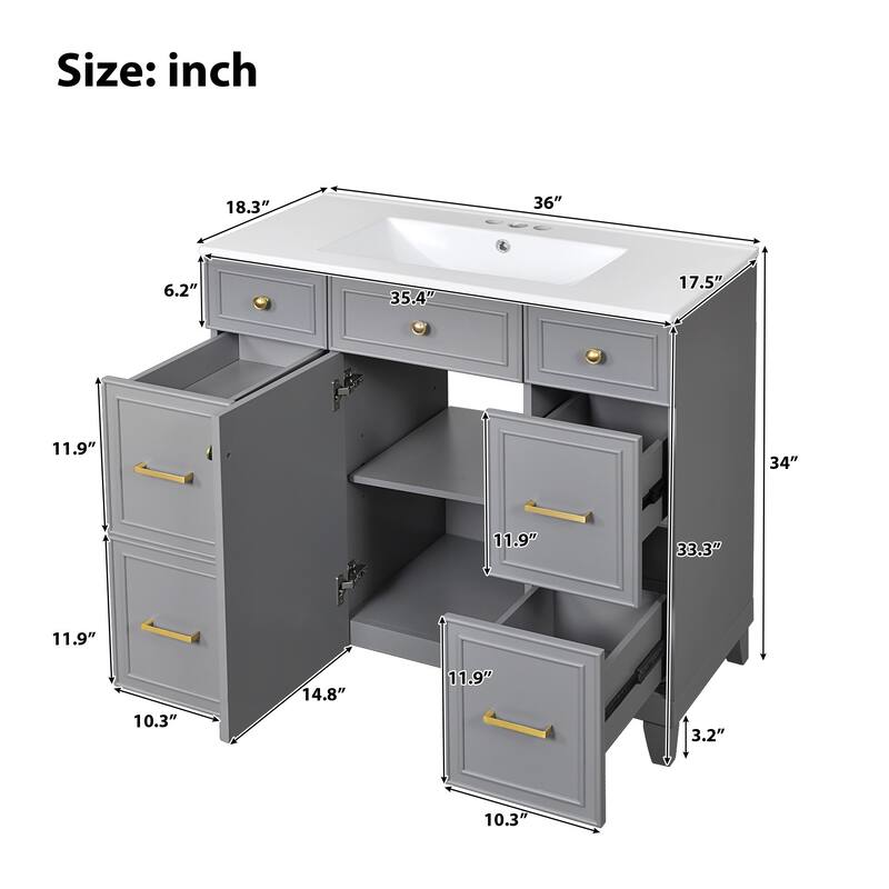 36 Inch Bathroom Vanity with Sink Combo Solid Wood Cabinet 3 Drawers
