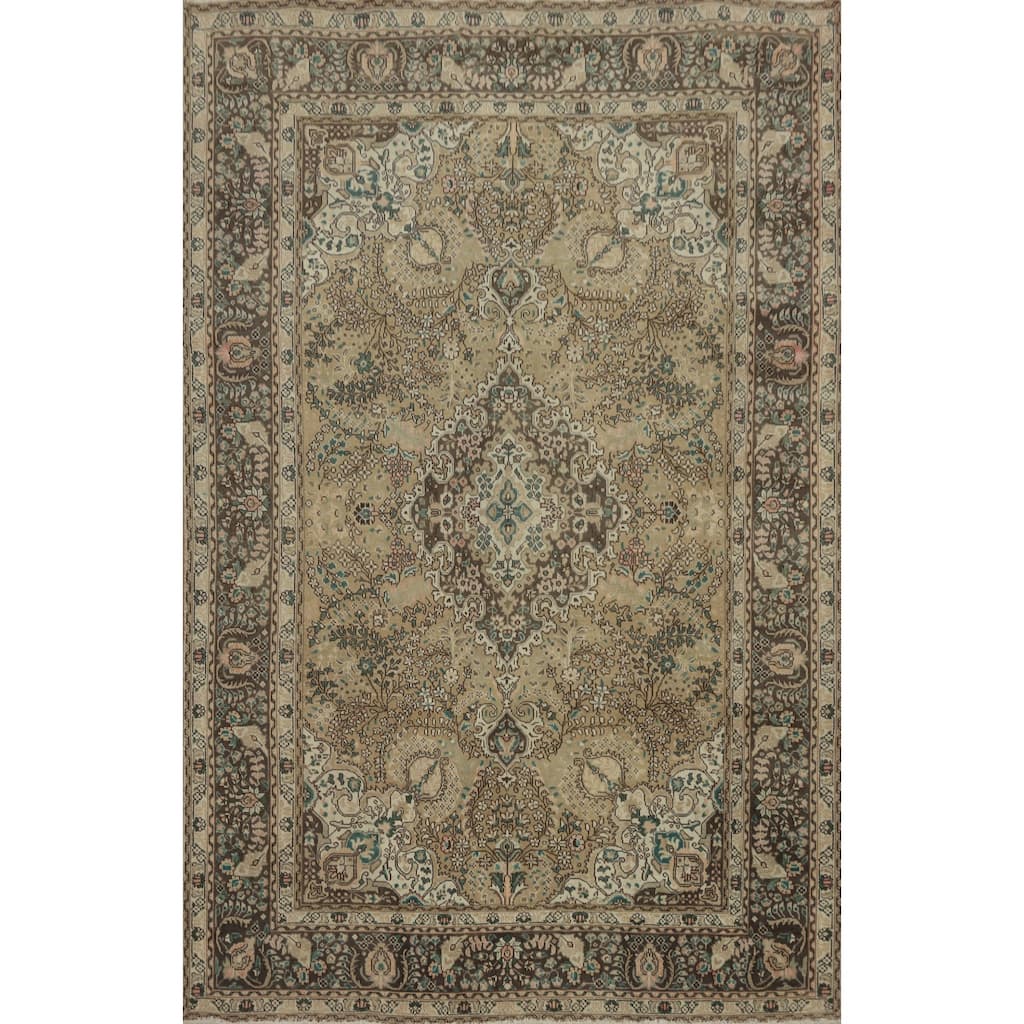 Hand Knotted Oriental 100% Wool Carpet Traditional Floral Brown Tabriz Area Rug - 9' 4'' X 6' 5''