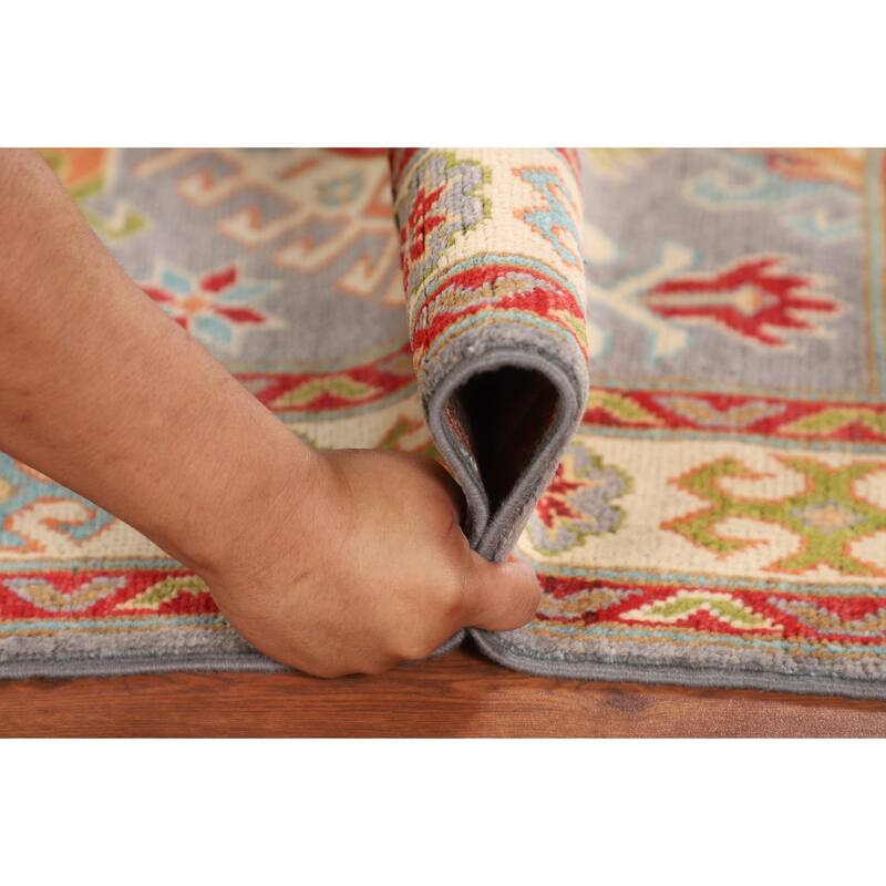 Gray Geometric Kazak Oriental Accent Rug Handmade Wool Carpet - 2'8" x 3'11"