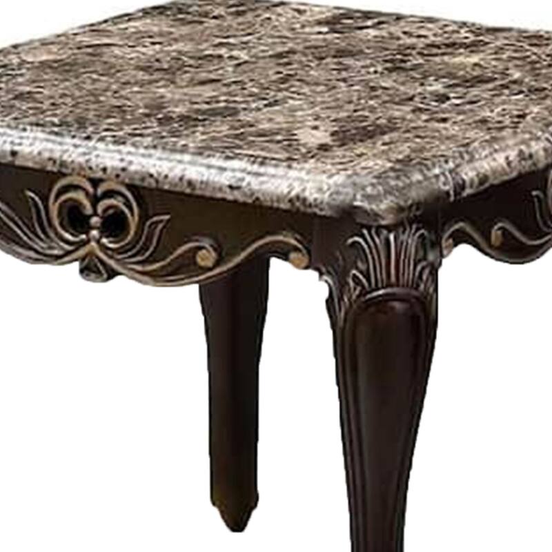Ery End Table, Dark Walnut Brown Wood, Carved Details, 28 Inch