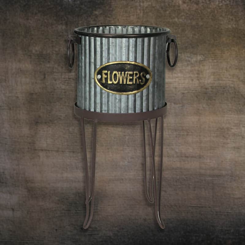 Zeckos Galvanized Metal Round Garden Planters With Stands (Set Of 2) - 19.25 X 12 X 12 inches