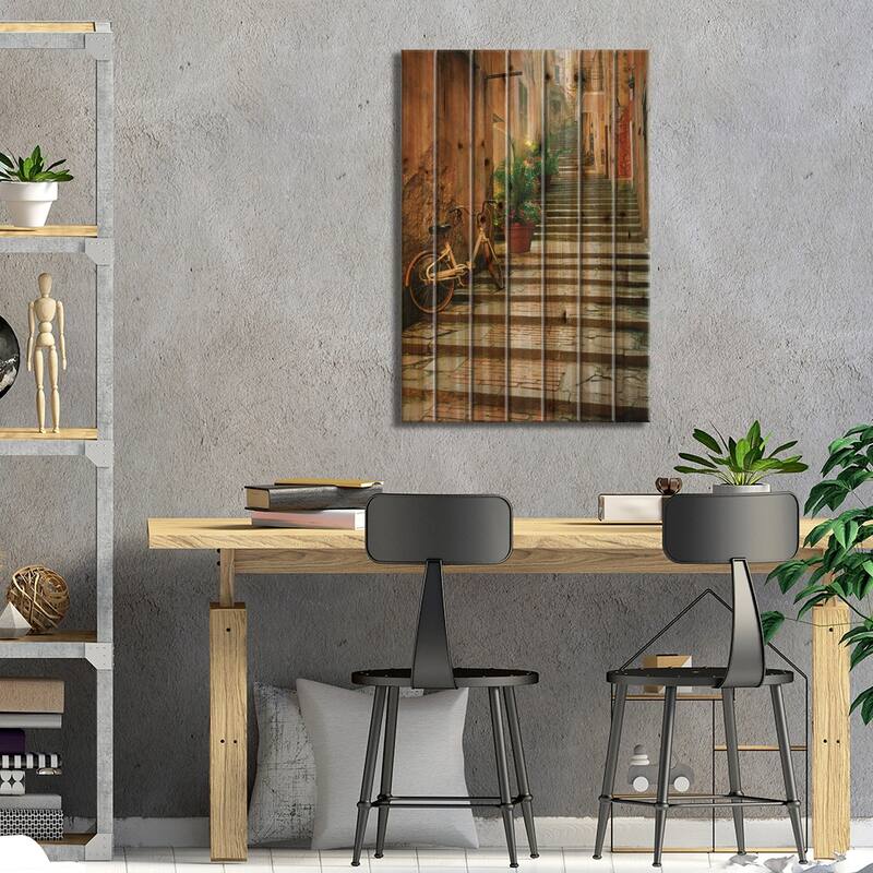 Italy, Cinque Terre, Monterosso. Bicycle and uphill stairway. Print On Wood by Jaynes Gallery - Multi-Color