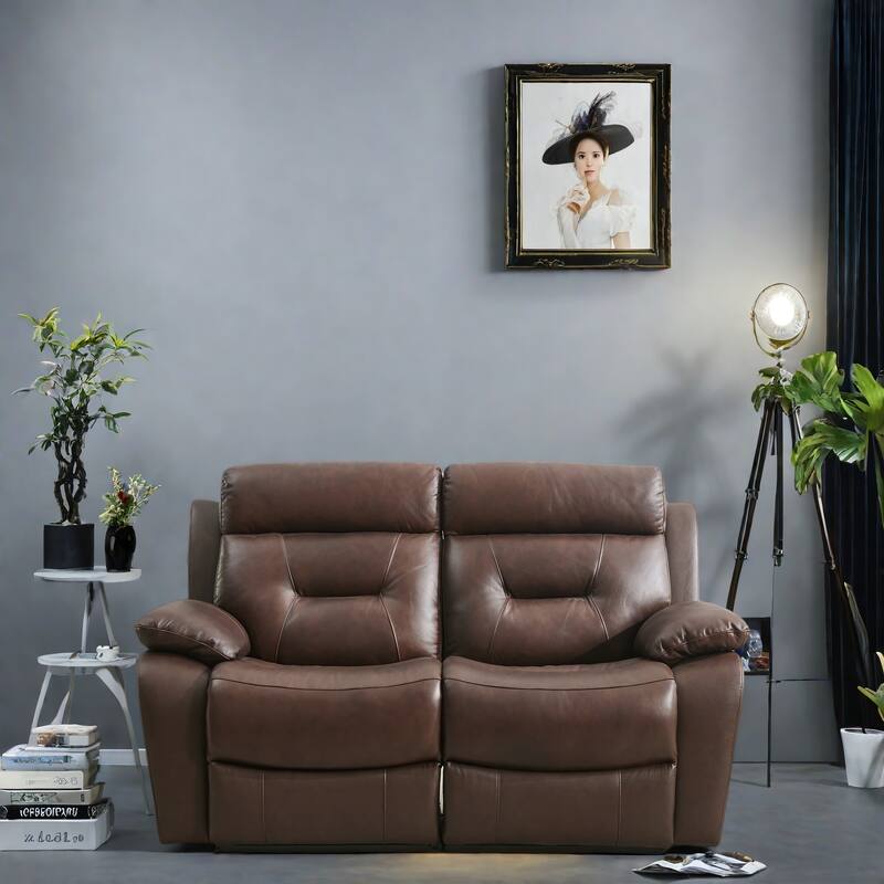 63" Genuine Leather 2-Seater Reclining Sofa with Overstuffed Armrests - Brown