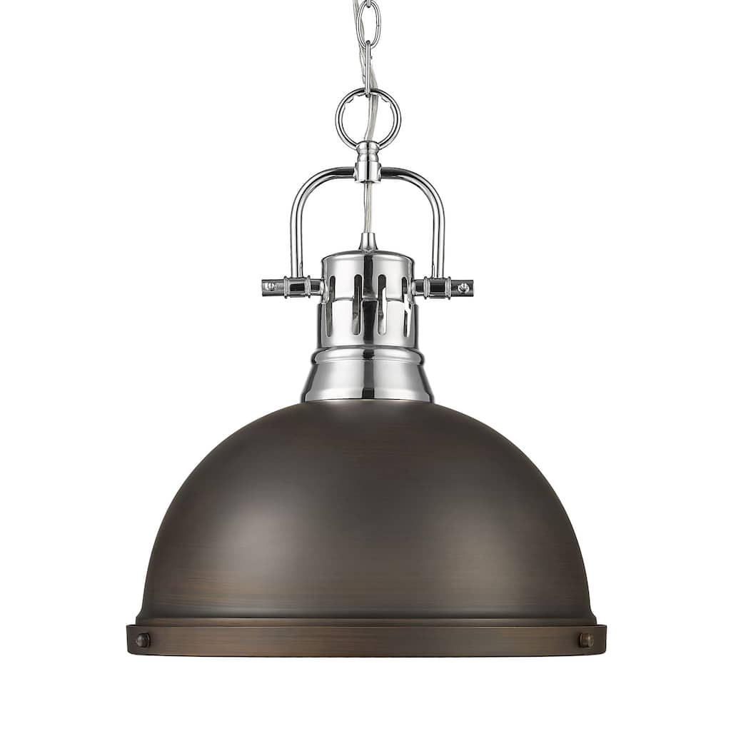 Yep by Golden Lighting Duncan 1-light 14in Chain Hung Pendant in Chrome and Rubbed Bronze shade