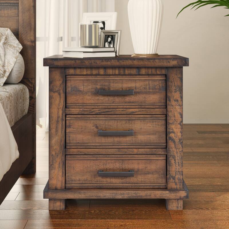 Rustic Farmhouse Nightstand - Reclaimed Solid Wood, Three Drawer Bedside Table, Small Wooden Dresser, Durable & Eco-Friendly