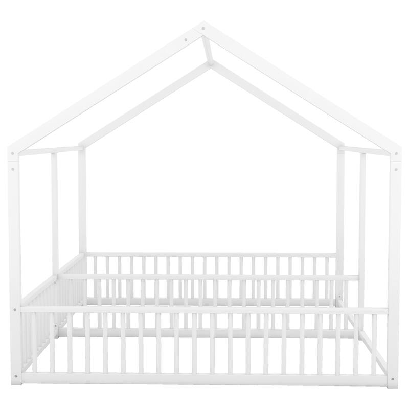 White Twin Size Metal House Platform Bed with Guardrails, Two Shared Beds
