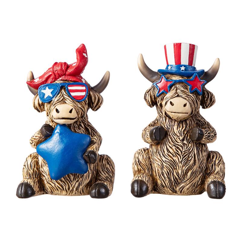 Glitzhome Set of 2 Patriotic July 4th Resin Highland Cows Table Decor