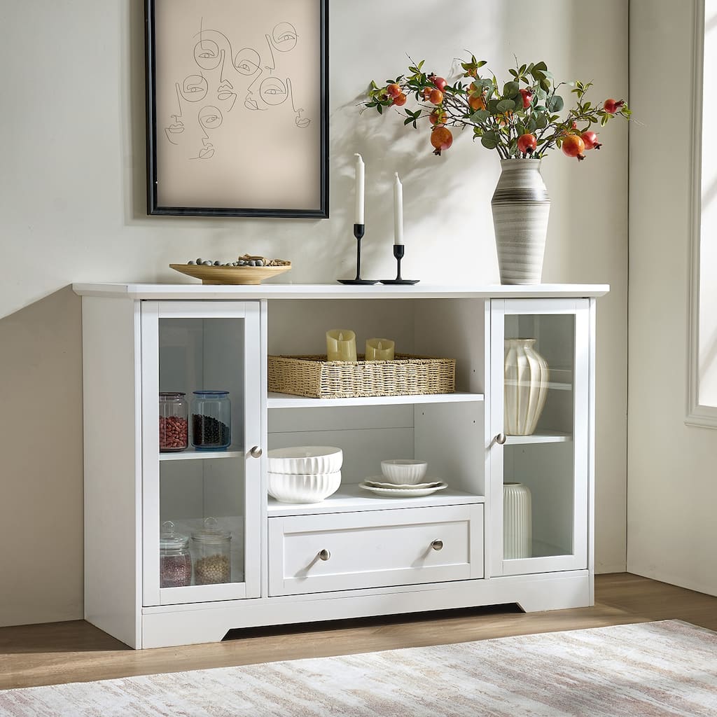 Pantry cabinet with two glass-paneled doors, two open shelves, and a spacious central drawer for versatile organization