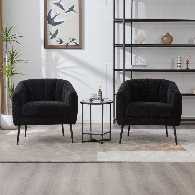 Chenille Upholstered Barrel Accent Chair, Channel Tufted Lounge Armchair, Round Reading Chair with Curved Backrest & Metal Legs