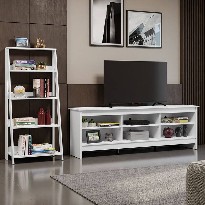 Madesa 6 shelves TV Stand up to 75" + Ladder Shelf Standing Bookcase - White - White