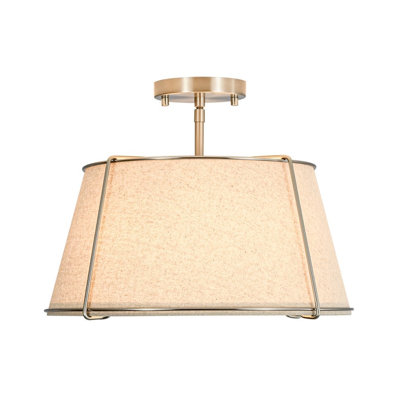 Brass 4-Light Wide Drum Linen Ceiling Light - 17in Mid-Century