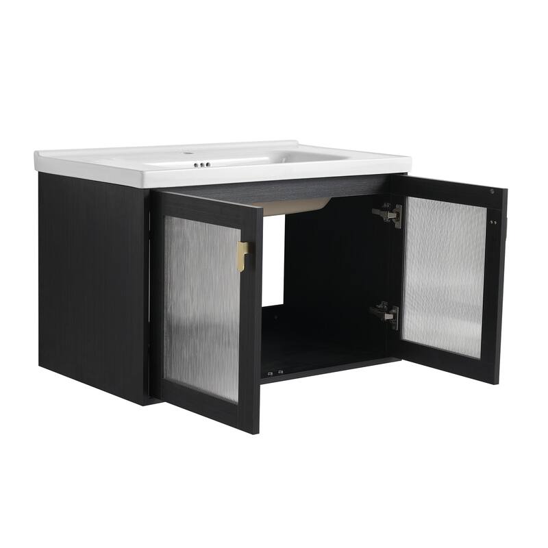 32 inch Wall-Mounted Bathroom Vanity Set in Black with Integrated Ceramic Sink