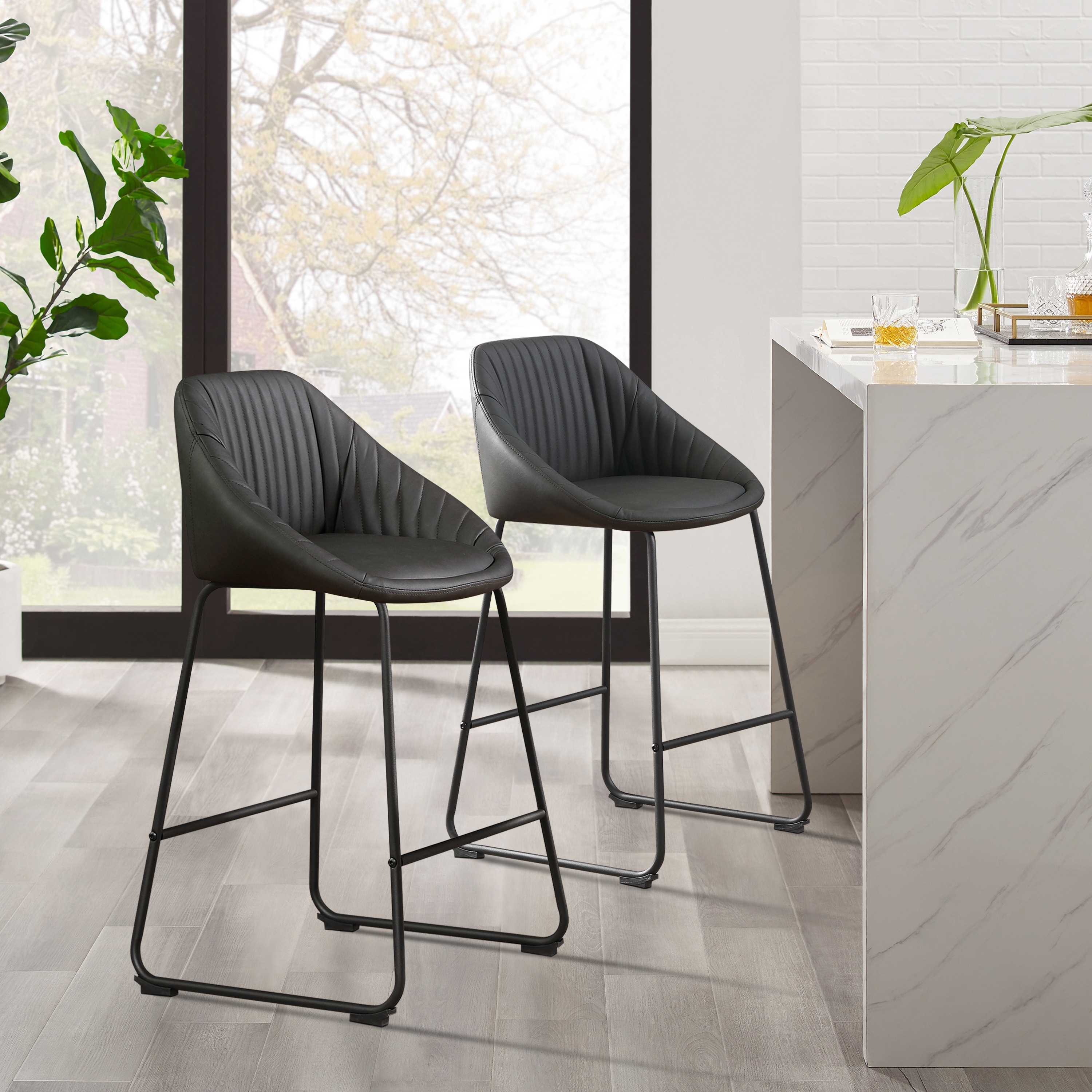 Art Leon Modern Faux Leather Metal Frame Counter Height Bar Stools (Set of 2)