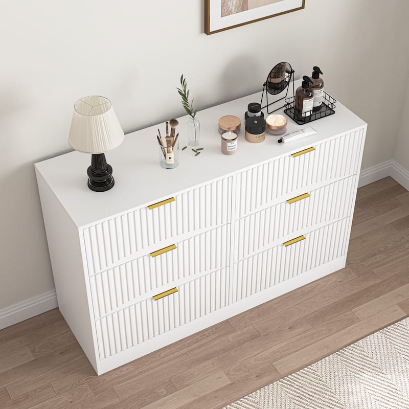 Anmytek White 6 Drawer Dresser Large Storage Cabinet Wavy Pattern Drawer Panel for Bedroom Living Room Hallway Entryway