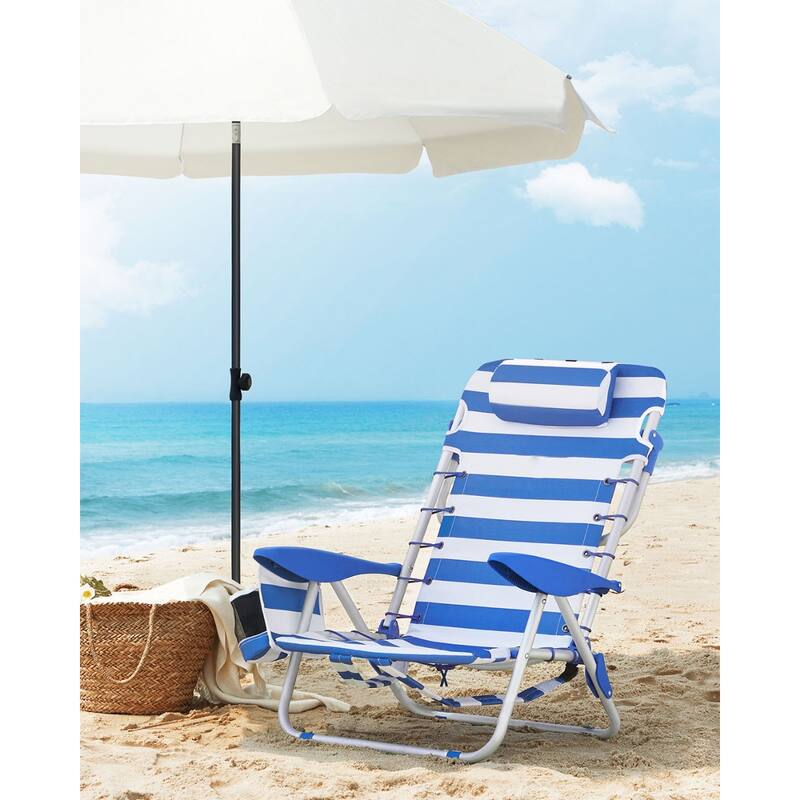 Folding Beach Chair with 4-Position Adjustable Backrest and Portable Low Seat Mesh Storage Pockets - 26.8"D x 24.8"W x 29.5"H