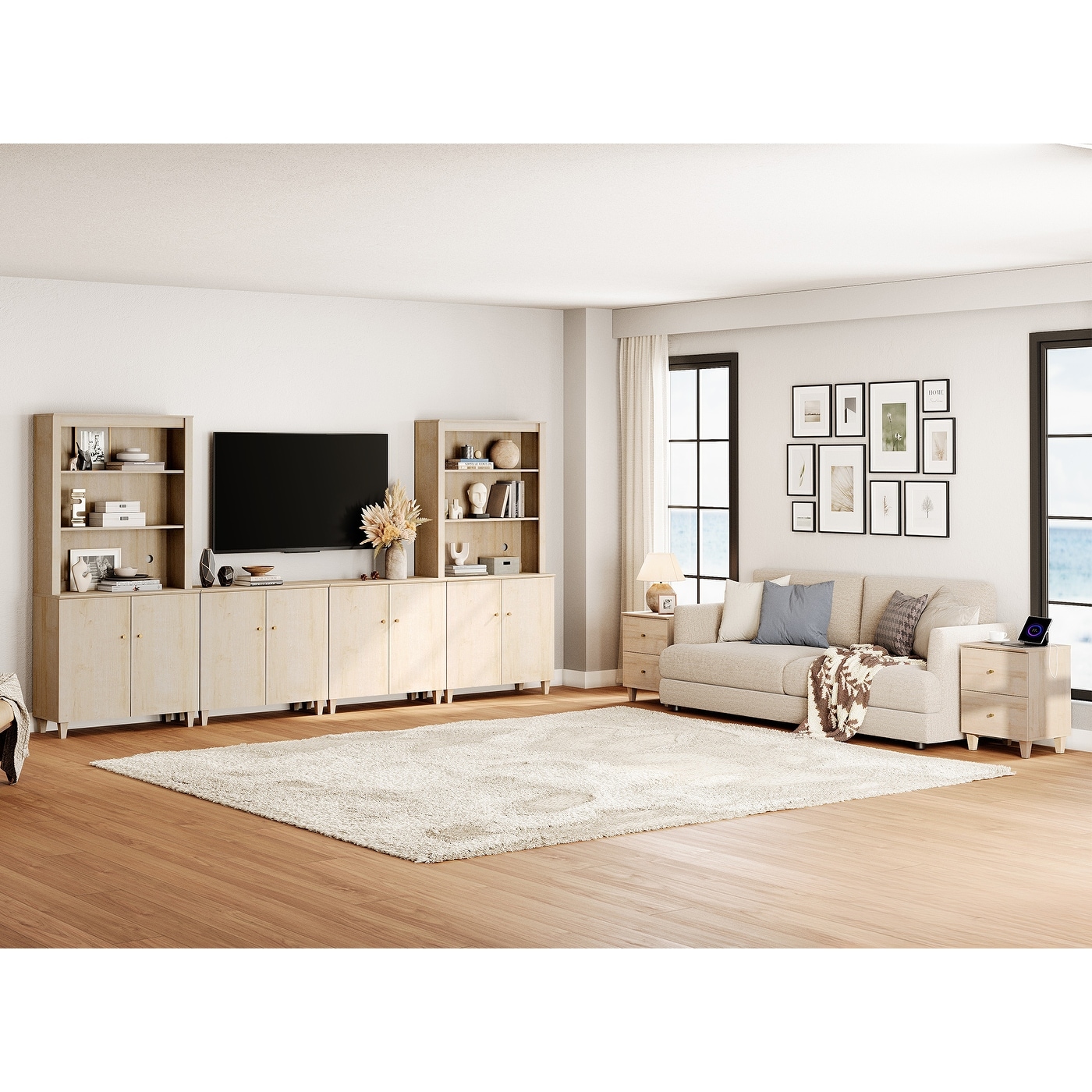 WAMPAT TV Stand and End Table Set of 3, Entertainment Center for 75" TV with Cabinets, 2 Charging Side Tables for Living Room