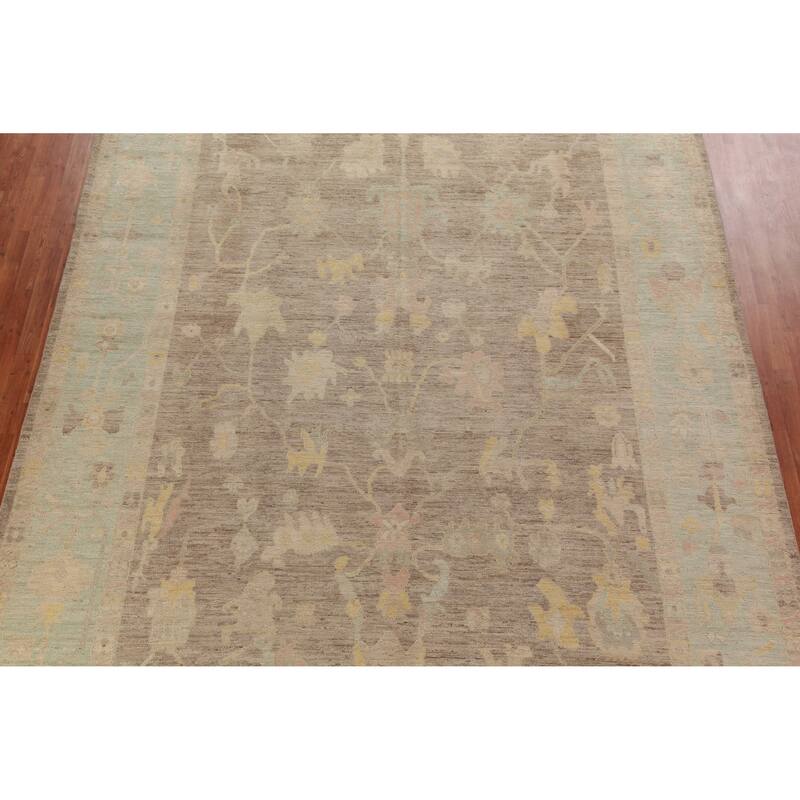 Hand Knotted Oriental 100% Wool Carpet Transitional All-Over Brown Oushak Area Rug - 13' 5'' X 9' 11''