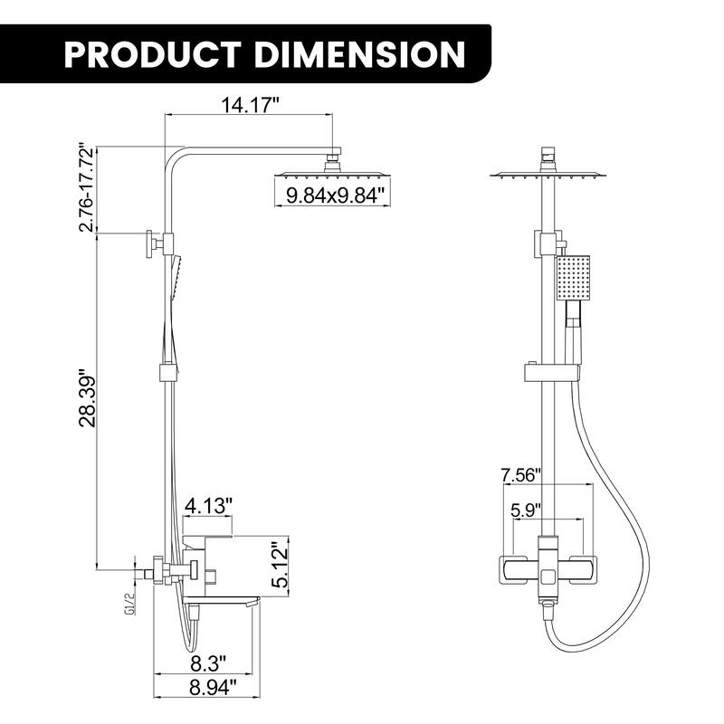 46"H 3-Function Stainless Steel Wall-Mounted Shower System
