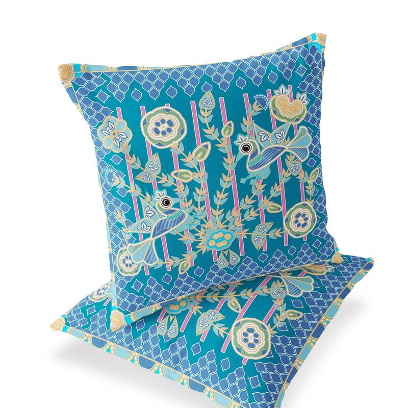 HomeRoots Set of Two 16" X 16" Blue and Green Peacock Blown Seam Floral Indoor Outdoor Throw Pillow - 16.00' X '16.00' X '5.00