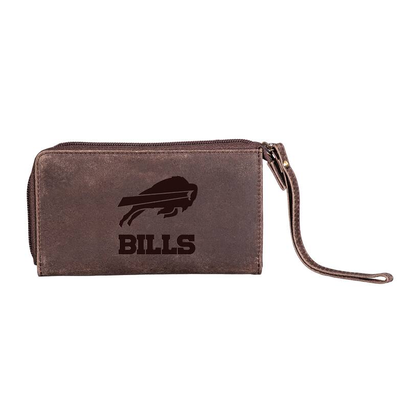 Brown Leather Cell Phone Wristlet Wallet, Buffalo Bills - 4" x 7"