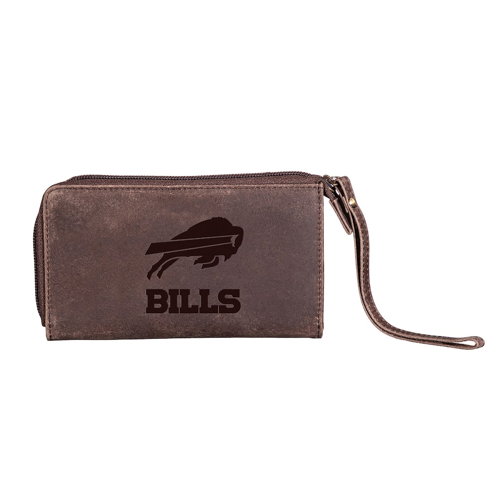 Brown Leather Cell Phone Wristlet Wallet, Buffalo Bills - 4" x 7"