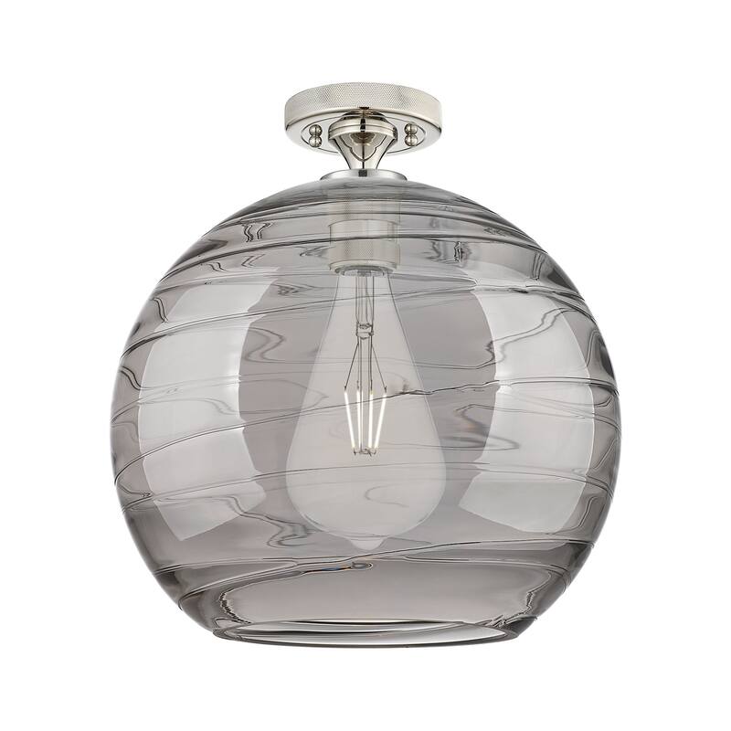 Innovations Lighting 434-1F-10-12 Crown Point Flush Mount Crown Point - Polished Nickel / Light Smoke Deco Swirl