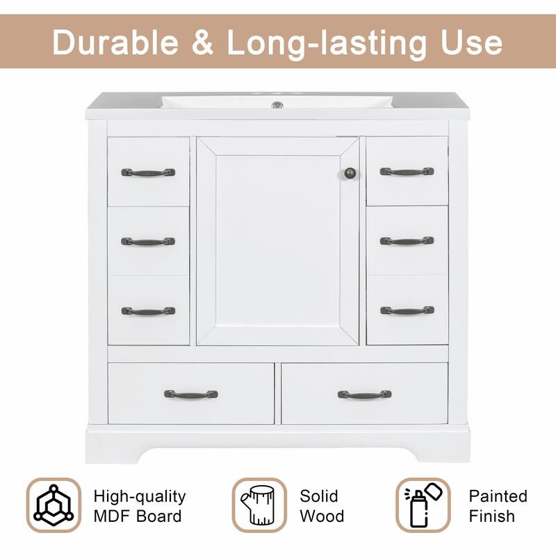 36" Bathroom Vanity with Sink Combo: Six Drawers, Multi-Functional Divider, Adjustable Shelf