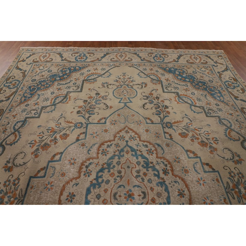 Distressed Tabriz Persian Vintage Area Rug Handmade Wool Carpet - 9'2" x 12'10"