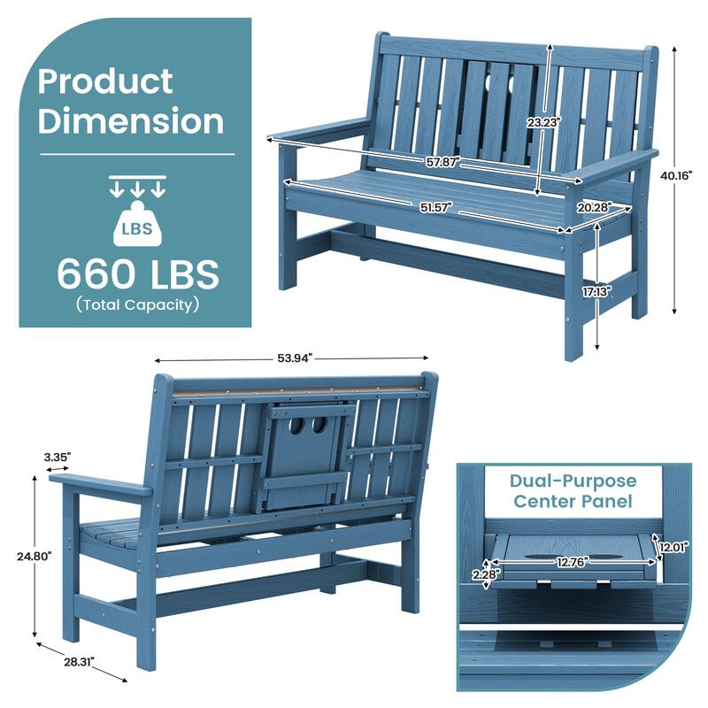 HDPE 2 Person Patio Bench with foldable Cup Holder and Functional Center Panel
