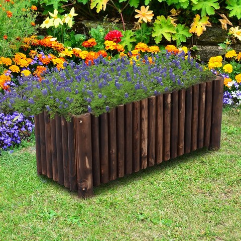 Outsunny Natural Rustic Column Edged Garden Bed Wooden Outdoor Planter Box