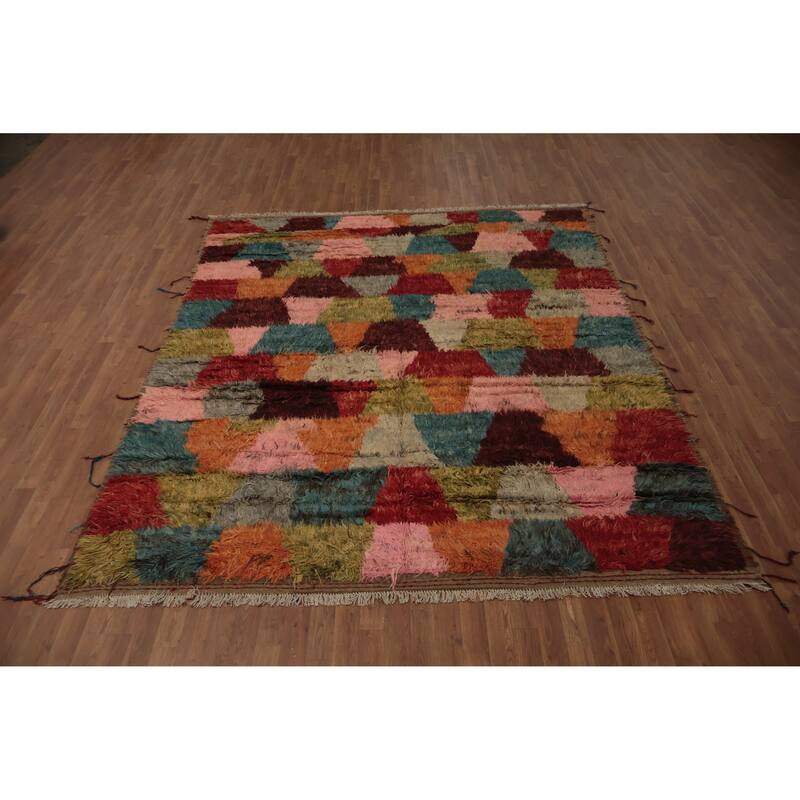Hand Knotted Oriental 100% Wool Carpet Modern All-Over Multi-Colored Moroccan Area Rug - 9' 9'' X 8' 0''
