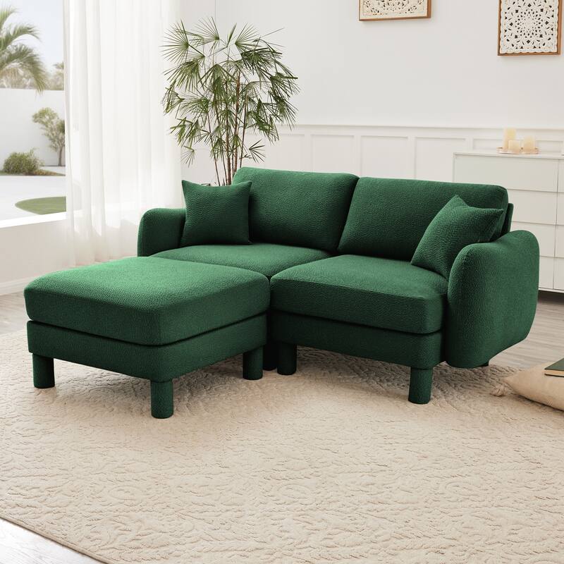 2-seater Loveseat Sofa Couch With Distinctive Shell-shaped Armrests And Removable Ottoman - Green