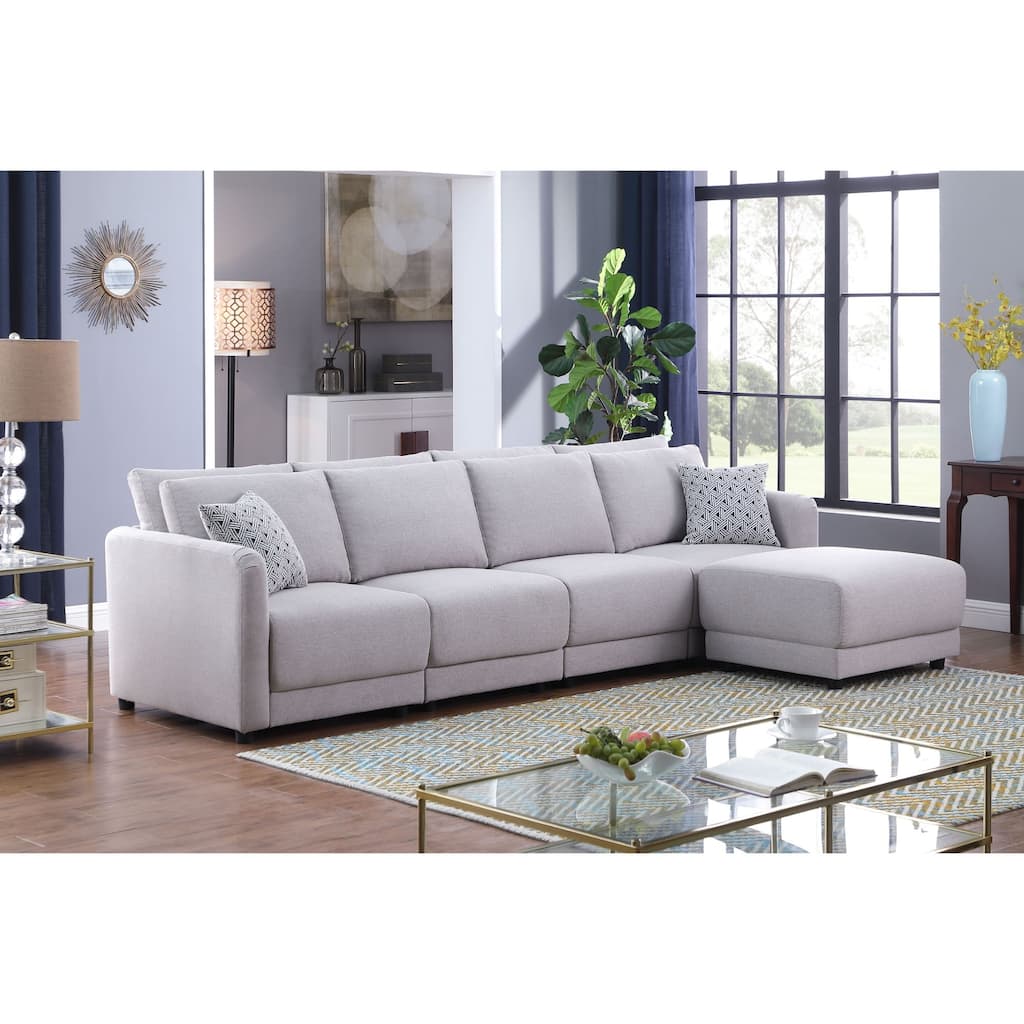 Linen Upholstered 4-Seater Sofa with Ottoman in Light Gray
