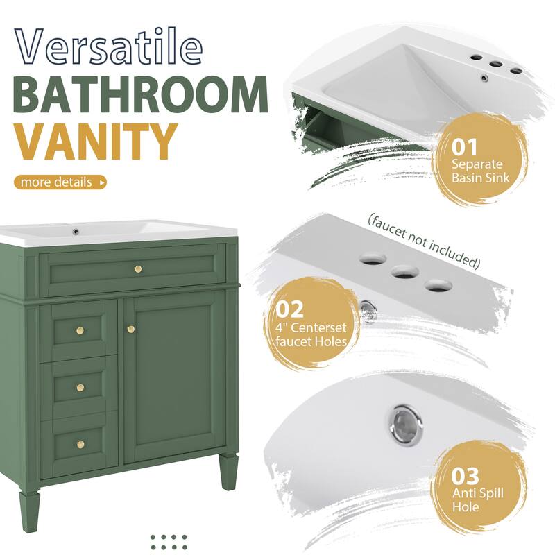 30-Inch Bathroom Vanity with Ceramic Undermount Sink, Mirror Cabinet, 3 Soft-Close Drawers, and Modern Design