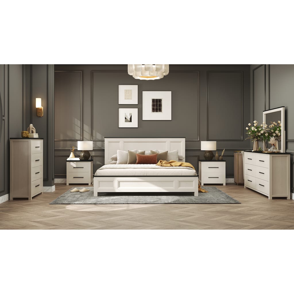Roundhill Furniture Realynn 6-Piece Wood Bedroom Set, Panel Bed with Dresser, Mirror, Chest, and 2 Nightstands, Off-White Finish