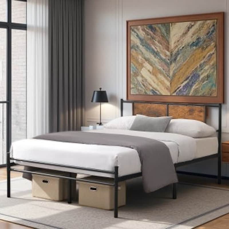 King Black Metal Bed Frame with Decorative Wood Headboard Panel, Heavy-Duty Steel Construction & Underbed Storage