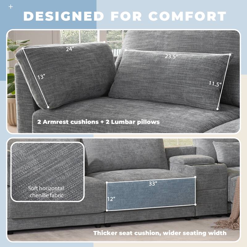 124" Chenille 4-Seater L-Shaped Sofa with Storage Console, USB