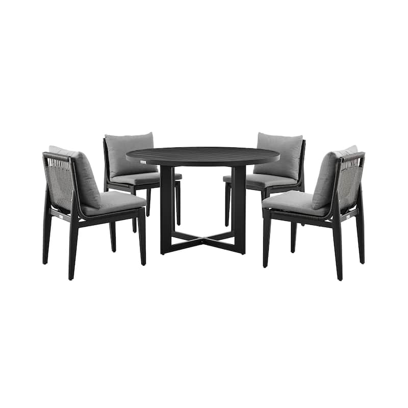 Cayman Outdoor Patio 5-Piece Round Dining Table Set in Aluminum with Grey Cushions