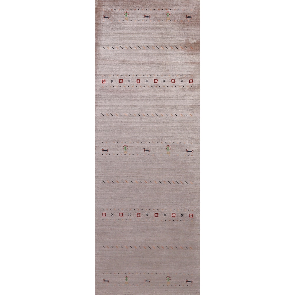 Hand Knotted Oriental 100% Wool Carpet Tribal Animal Pictorial Brown Gabbeh Runner Rug - 9' 10'' X 2' 9''